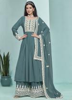 Faux Georgette Sky Blue Wedding Wear Embroidery Work Plazzo Suit